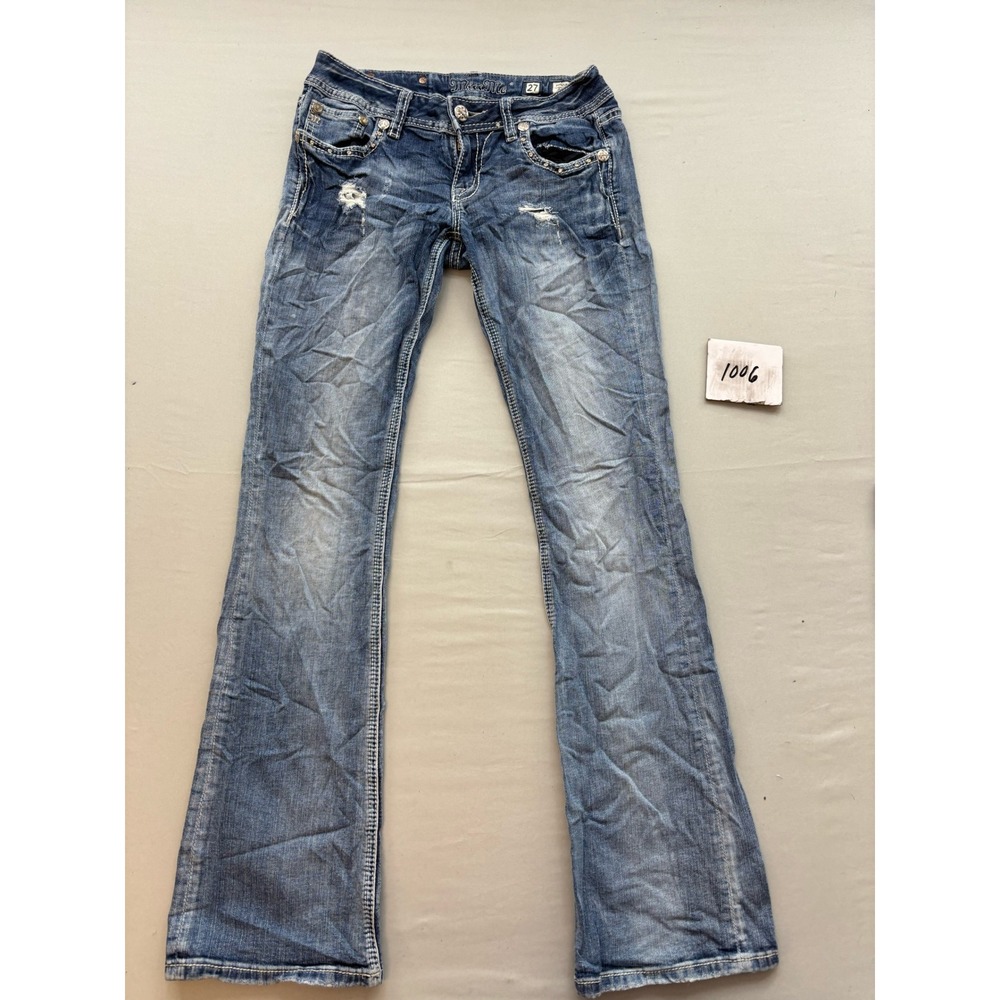 Miss Me Signature Boot Angel Wing Embellished Jeans Medium Wash Distressed 27